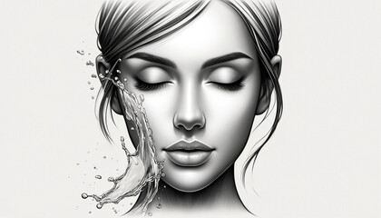 Beautifully detailed digital painting of a female face with closed eyes exuding a sense of serenity and relaxation. Water splashes gently across one side of her face, symbol of freshness and vitality.