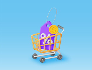 3d shopping cart and price tag with percentage symbol. Render realistic shopping basket and colorful discount voucher or coupon. Sale discount clearance. Online retail shopping. Vector illustration
