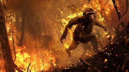 Fototapeta premium Monkey Running from Fire Forest