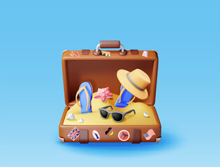 3d vintage suitcase with tropical beach inside. Render leather classic travel bag with stickers, flipflops, sunglasses and hat on beach. Travel holiday or vacation, transportation. Vector Illustration
