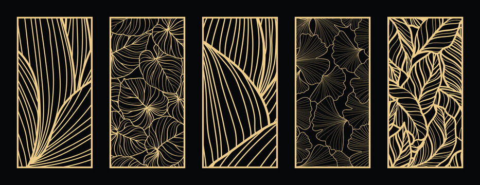 Gold botanical line art pattern vector collection. Laser cut with line design pattern. Design for wood carving, wall panel decor, metal cutting, wall arts, cover background, wallpaper and banner.