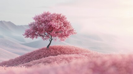 Fototapeta na wymiar Sleek minimalist 3D landscape featuring an isolated cherry blossom tree on a gentle hill, soft pastel sky background.