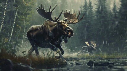 Moose Running in Storm