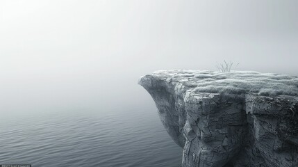 The solitary grass tuft dances on the wind at the edge of a stark 3D-rendered cliff, gazing over a misty ocean expanse.