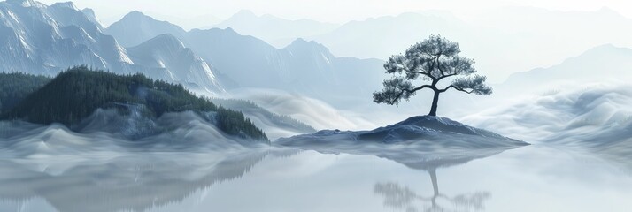 Stark minimalist 3D rendered mountain landscape with a singular pine tree, enveloped in fog, evoking solitude and tranquility.