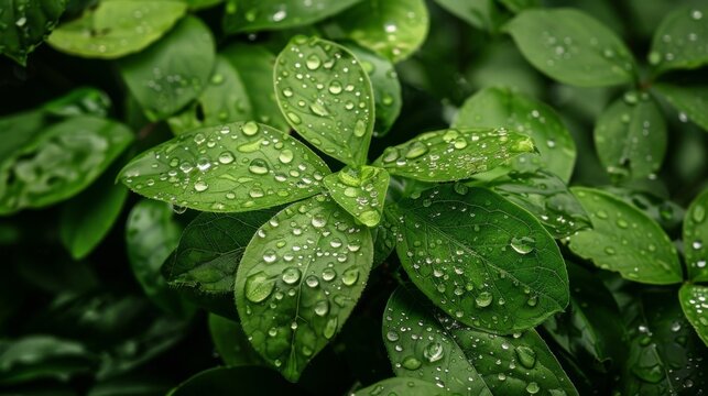 Fresh green leaves adorned with shimmering droplets of morning dew