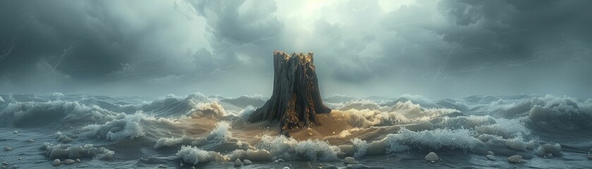 In the stark 3D seascape, a lone driftwood piece rests amidst scattered shells beneath a turbulent, stormy sky.