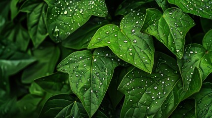 Fototapeta premium Fresh green leaves adorned with shimmering droplets of morning dew