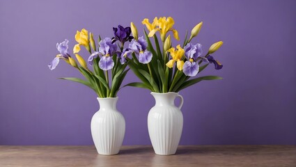 A-bouquet-of-fresh-flowers--a-couple-of-vases-with-iris-flowers-in-them-on-a-table-with-a-purple-background-and-a-white-vase-with-purple-flowers--High-quality