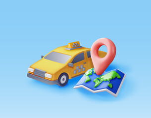3D taxi car sedan and paper map isolated. Render yellow taxi cab and folded map. Call or app taxi concept. City transport service. Urban transportation concept. Realistic vector illustration