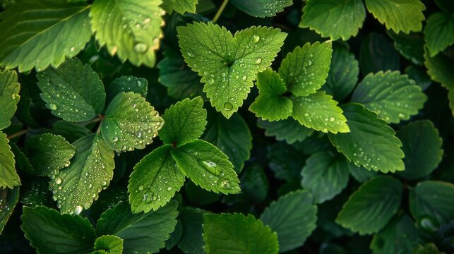Fresh green leaves adorned with shimmering droplets of morning dew