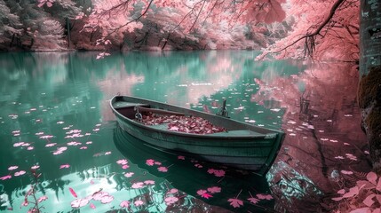 A rowboat in the middle of an emerald lake, pink leaves on water and trees around it, infrared photography, surrealistic style, dreamy colors, natureinspired art nouveau, full body shot - obrazy, fototapety, plakaty