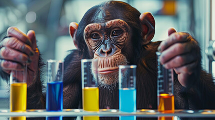 monkey scientist in the laboratory with bright solution tubes, investigation concept 