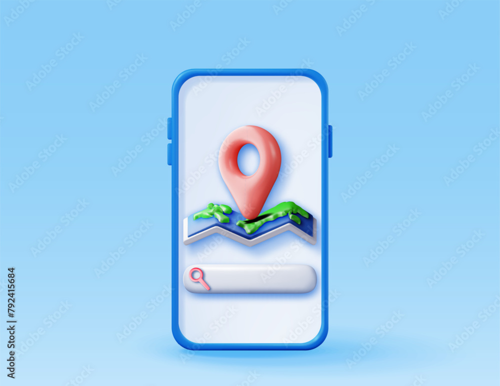 Poster 3d location folded paper map, search bar and pin on mobile phone. red gps pointer marker icon. rende