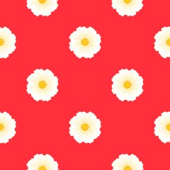 The seamless pattern of white flowers with yellow pollens are on red background 