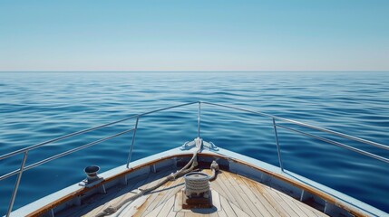 A view from the bow of an open yacht, looking out at calm blue waters on a sunny day. The boat's deck is visible with its metal handrail and rope details. In the background