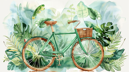 Fototapeta na wymiar watercolor illustration of green bike with monstera leaves in the basket on the tropical leaves background