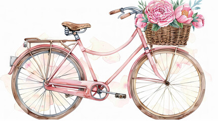 watercolor illustration of pink bike with peony in the basket, spring concept, pastel background