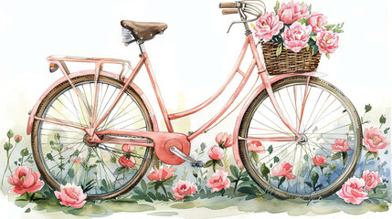 watercolor illustration of pink bike with peony in the basket, spring concept, flowers background