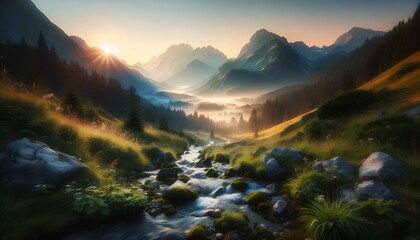 Panoramic mountain landscape bathed in the golden light of sunrise, with snow-capped peaks and a...