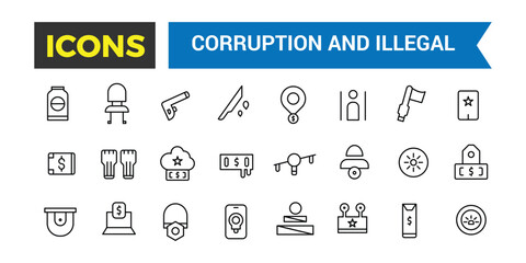 Corruption And Illegal Line Icons Collection, Big Ui Icon Set In A Flat Design, Thin Outline Icons Pack, Vector Illustration