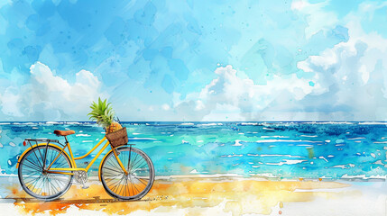 watercolor illustration of yellow bike with pineapple in basket on the tropical beach background, relaxation time, exotic fruit, summer vacation, travel concept, blue water