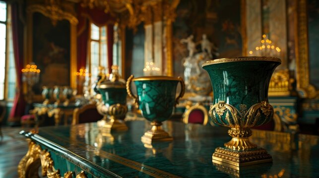 malachite vases on an emerald green table in the palace of versailles, gold accents, ornate details, gold chandelier and red velvet curtains, high resolution photography