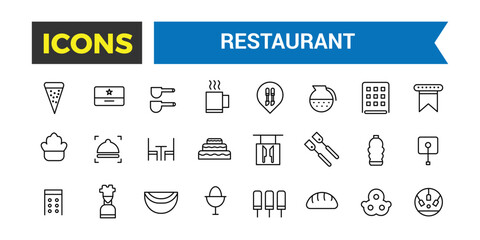 Restaurant Icons Set, Set Of Restaurant Food, Chef Hat, Alcohol, Seafood, Continental Breakfast In Hotel, Cafe Dessert, Coffee, Steak, Waiter Vector Icons With Editable Stroke, Vector Illustration