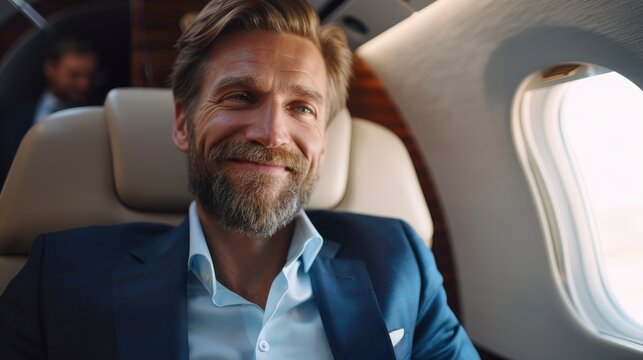 Portrait of a handsome smiling businessman sitting in a private jet and looking at the camera, with a blue suit. The businessman is on the plane for travel