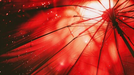 vintage photograph of the inside view of an umbrella with red fabric, sunlight shining through it, grainy, 35mm film, cinematic, photorealistic, heavy contrast, light leaks, light and shadow play
