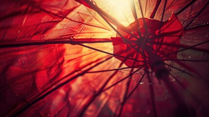 vintage photograph of the inside view of an umbrella with red fabric, sunlight shining through it, grainy, 35mm film, cinematic, photorealistic, heavy contrast, light leaks, light and shadow play