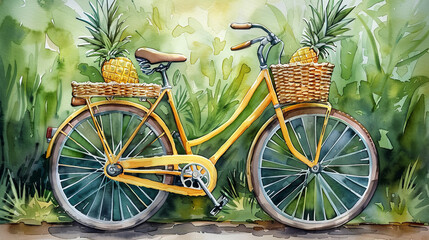 watercolor illustration of yellow bike with pineapple in the basket, vacation time, summer holiday concept, travel concept, exotic fruit, green background