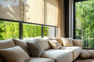 Summer with green trees outside motorized roller shades in beige color cover big glass windows while home luxury curtains hang above the windowsill alongside