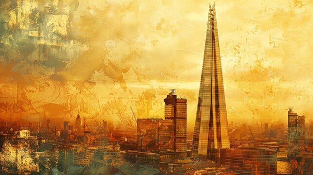 The shard building in London, golden sky, vintage style. The painting depicts the Shard building in London against a golden sky in the style of vintage art
