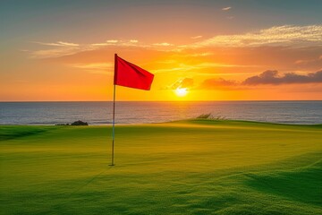 Sunrise or sunset a red flag flutters atop an exquisite oceanfront golf course