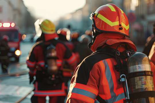 Fire brigades and emergency teams in a city performing drills for disaster readiness