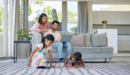 Family, kids and drawing in living room on floor playing, bonding and fun or educational books for...