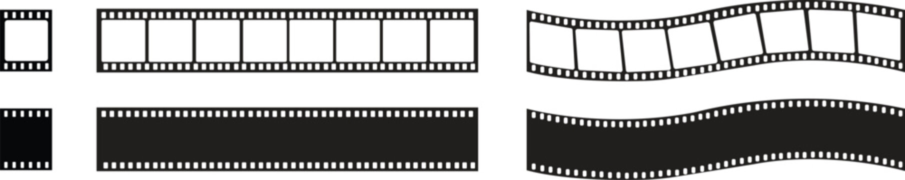 Set of Film Strips icons in fill styles. Movie Film with Film roll. Black photogram vectors designs can be used for mobile apps and web. Filmstrip photographer equipment on transparent background.