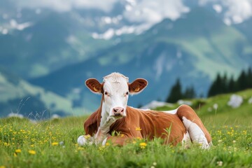 Switzerland s cow lies on lush turf - obrazy, fototapety, plakaty