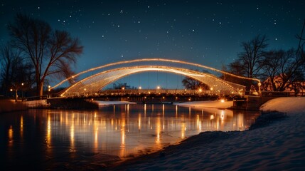 Long exposure shot capturing the graceful curves of a bridge adorned with twinkling fairy lights against the night sky.