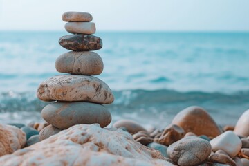 Fototapeta na wymiar Symbolic stones sea background harmony work life emotional balance