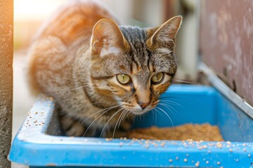 Tabby cat using litter box and leaving space for text