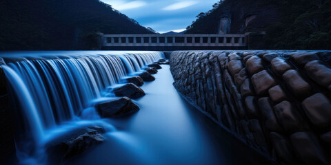 Dam harnessing hydroelectric power situated along a mountain river. - obrazy, fototapety, plakaty