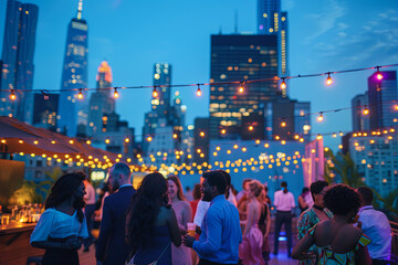 A lively rooftop gathering with individuals dancing, socializing, and savoring the urban skyline at night