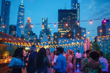 Obraz premium A lively rooftop gathering with individuals dancing, socializing, and savoring the urban skyline at night