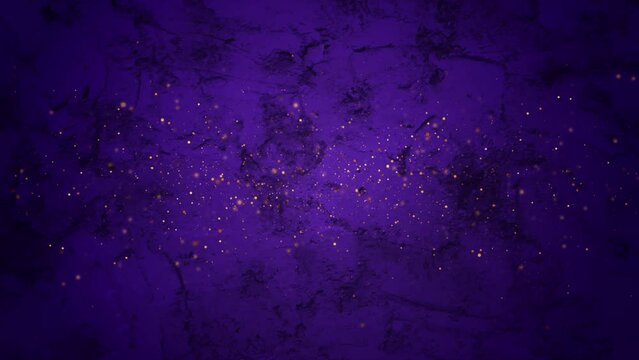 Golden glitter particles and dots on grunge violet abstract background. Seamless looping retro motion design. Video animation Ultra HD 4K 3840x2160