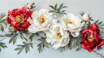 Obraz na płótnie Canvas Oversized Peonies in Bloom, Vivid Red and Pure White Floral Elegance