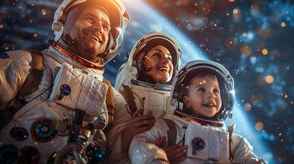Intergalactic Family Adventure, Smiling Astronauts in Starry Cosmos