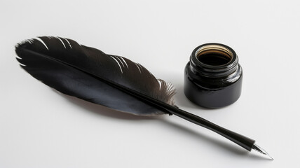 A quill pen next to an open ink bottle on a white background, traditional writing tools.
