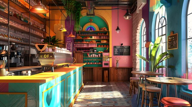 Vibrant Interior of Coffee Shop: Inviting and bustling, ideal for showcasing cafe design or marketing materials, represents the Vibrant Interior of Coffee Shop.